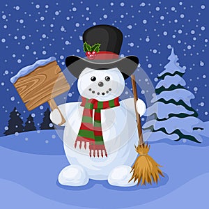 Christmas card with snowman and winter landscape.