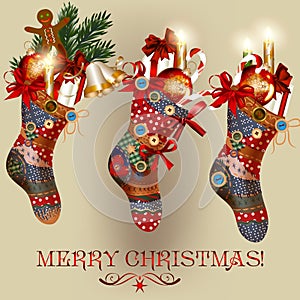 Christmas card with socks, baubles, bells and gifts