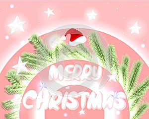 Christmas card with spruce branches on glowing pink circles with snowflakes and red christmas hat.