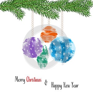 Christmas card with stylized christmas decoration witch pine branch, watercolor effect