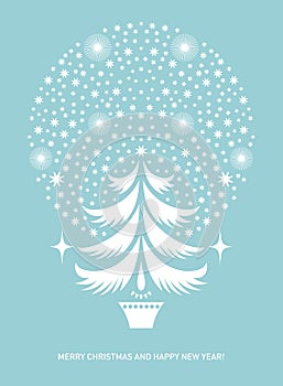 Christmas card, stylized fir tree and snowflakes.
