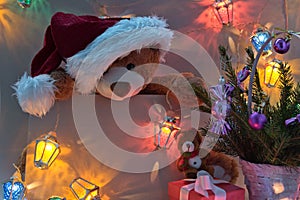 Greeting card with two Teddy bear gifts and fairy lights garland