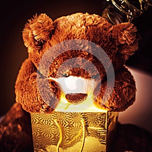 Christmas card with Teddy Bear opening gift and holiday decoration