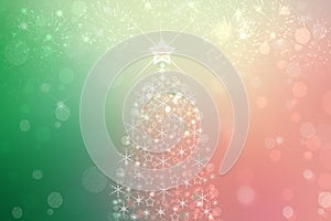 Christmas card template. Abstract shining christmas tree with snowflakes on pink green winter xmas or New Year background texture