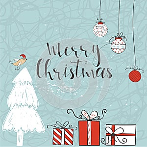 Christmas card with text, tree and presents on a winter background