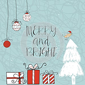 Christmas card with text, tree and presents on a winter background