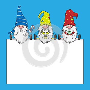 Christmas card. Three gnomes with blank sign