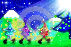 Christmas card, three santa's elves in the forest