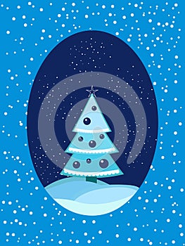 Christmas card with a tree and balls in the snow and drifts. Oval postcard