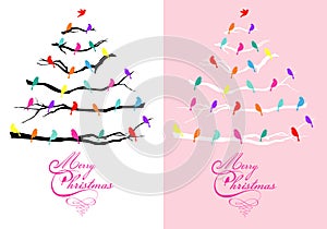 Christmas card tree and birds, vector