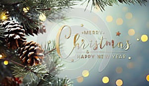 Christmas card with tree branches and pine cones. Merry Xmas background with lights on blue snowy surface. Generative Ai