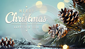 Christmas card with tree branches and pine cones. Merry Xmas background with lights on blue snowy surface. Generative Ai