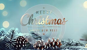 Christmas card with tree branches and pine cones. Merry Xmas background with lights on blue snowy surface. Generative Ai
