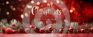 Christmas card with tree branches and Xmas baubles on red surface. Merry christmas background with bokeh. Generative Ai