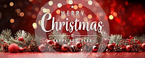 Christmas card with tree branches and Xmas baubles on red surface. Merry christmas background with bokeh. Generative Ai
