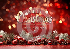 Christmas card with tree branches and Xmas baubles on red surface. Merry christmas background with bokeh. Generative Ai