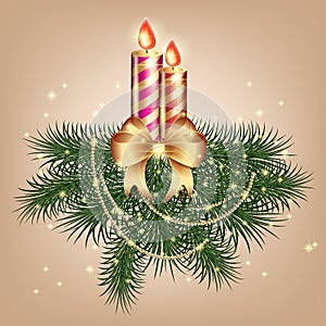Christmas card with tree and golden candles with a bow and ornaments
