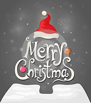 Christmas card with tree, hat and calligraphic on a dark background