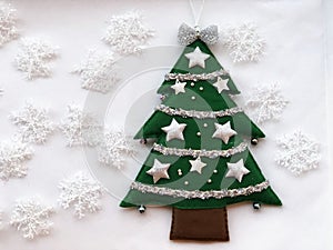 Christmas card with tree and snowflakes background. Christmas concept. Copy space