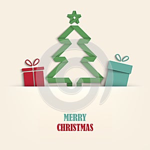 Christmas card with tucked tree and gifts template