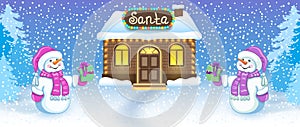 Christmas card with two funny Snowmen in Santa cap with gift box against winter forest background and Santa`s workshop house