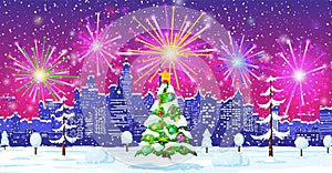 Christmas Card with Urban Landscape and Fireworks.