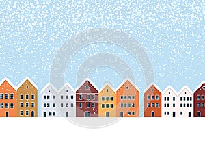 Christmas card vector template with landscape of a small town or village with snowing.