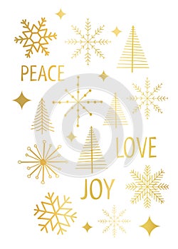 Christmas card vector template snowflakes gold foil white. Modern graphic faux metallic golden Christmas trees stars holiday
