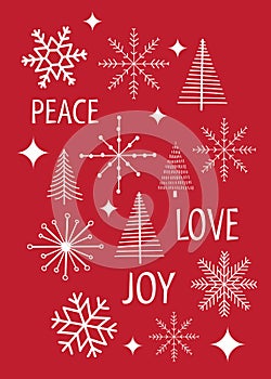 Christmas card vector template snowflakes red white. Modern graphic Christmas trees stars holiday greeting card. Peace Love Joy