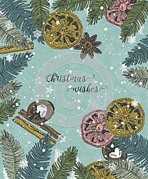 Christmas card in the vintage hand drawn style. Cute snowflakes and pine tree branches under the snow.