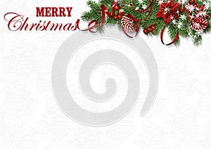 Christmas card on white background with border of firtree and holly