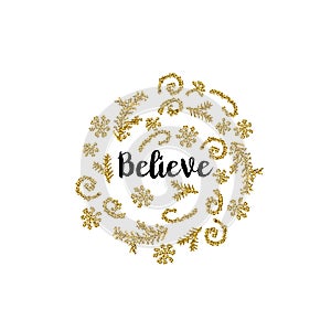 Christmas card on white background with golden elements and text