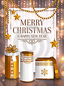 Christmas card. White and golden wrapped gift boxes, stars, pearls. Background with bokeh lights. Vector.