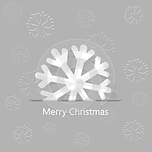 Christmas card, white paper snowflakes on gray background