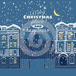Christmas card, winter, cityscape, snowing, night, illuminated window