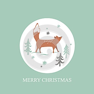 Christmas card with Winter forest background. Cute fox, trees and snowflaces. Vector illustration.