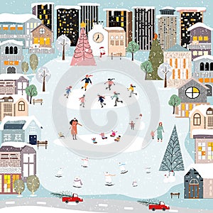 Christmas Card,Winter landscape with snow falling Christmas Eve in City,Vector cute Winter Wonderland in the town with Happy