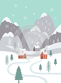 Christmas card. Winter landscape. A village in the mountains
