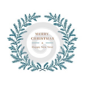 Christmas card, Winter wreath christmas tree branch, Christmas wreath. Elegant frame for greeting card, invitation or
