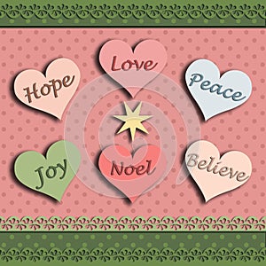 Christmas card with the word hope joy love believe peace noel