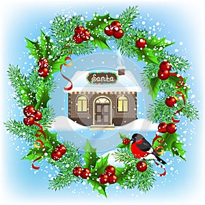 Christmas card with wreath, brick house and Santa`s workshop