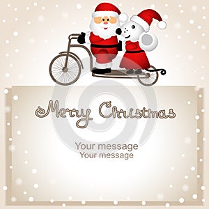 Christmas card. Year of the rat. Santa Claus and Christmas mouse on a bicycle.
