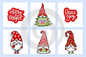 Christmas cards with adorable Gnomes and holidays quotes. Cute elf isolated on white.