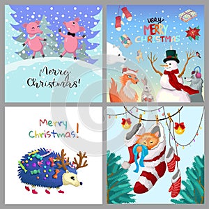 Set of winter Christmas cards. Four different vector designs. Cute animals. Merry Christmas and Happy New Year card