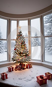 Christmas Cards Displayed Around A Snowy Window. Afternoon. Indoor. Wide Angl. Generative AI