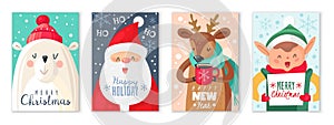 Christmas cards. Happy Merry Christmas and New Year greeting card with cute santa claus and cute animals, xmas gift