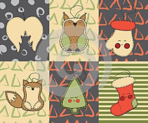 Christmas cards set with cute cartoon xmas toys, angel wings, owl, glove, fox, tree, christmas stocking