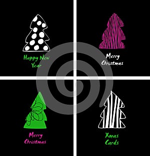 Christmas cards set. Decorative cartoon design with stylish spruces, fir-trees. Happy new year design.