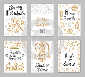 Christmas cards with wishes and holiday symbols. Hand drawn banners. Vector