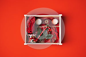 Christmas Care Package Gift Boxes. Christmas Baskets Hampers Ideas. Sustainable Eco-Friendly christmas Gift box. Red photo